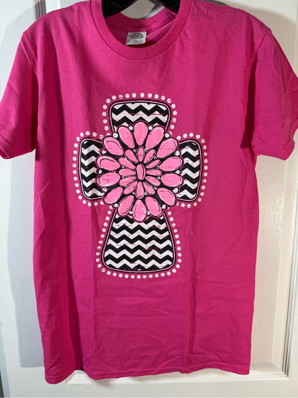 Girls' Hot Pink Cross Graphic Tee with Chevron and Floral Design